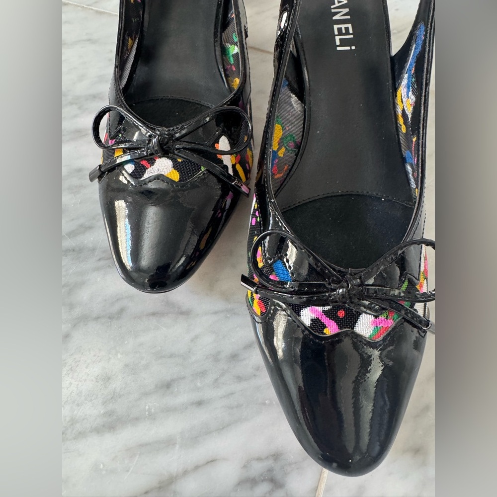 Vaneli black patent leather slingback shoes